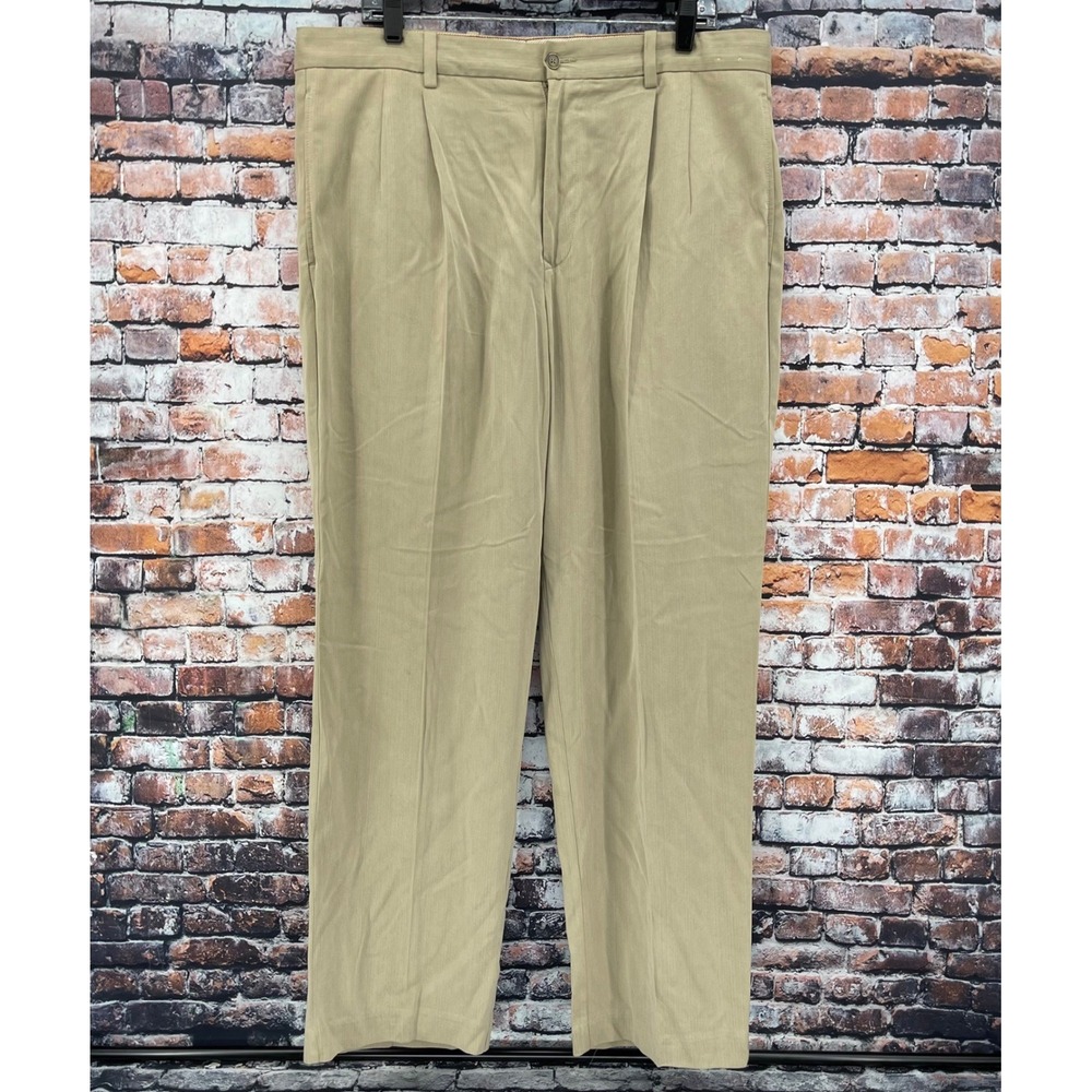 Tommy Bahama Mens 36x32 Khaki Silk Bamboo Blend Pleated Herringbone Dress Pants